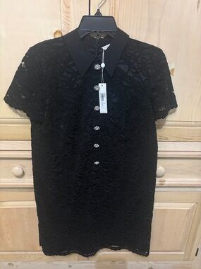 Trina Turk Black Lace Short-Sleeve Dress with Crystal Buttons